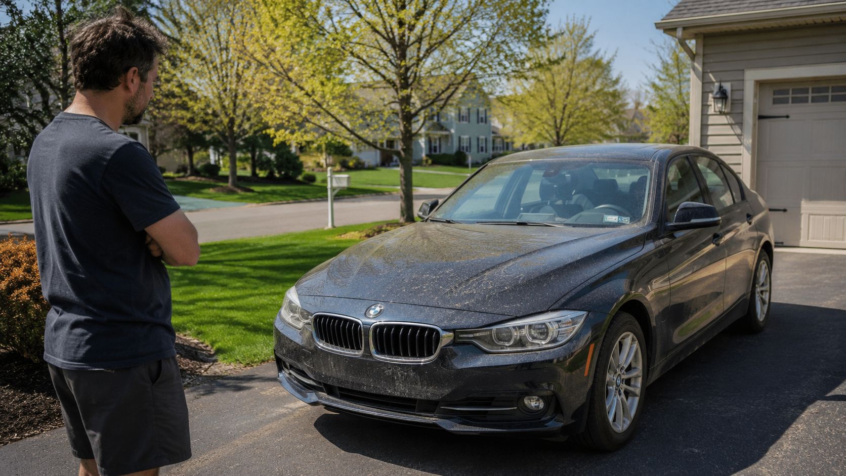 A man looking thoughtfully at his dirty car parked in the residential driveway before home detailing.