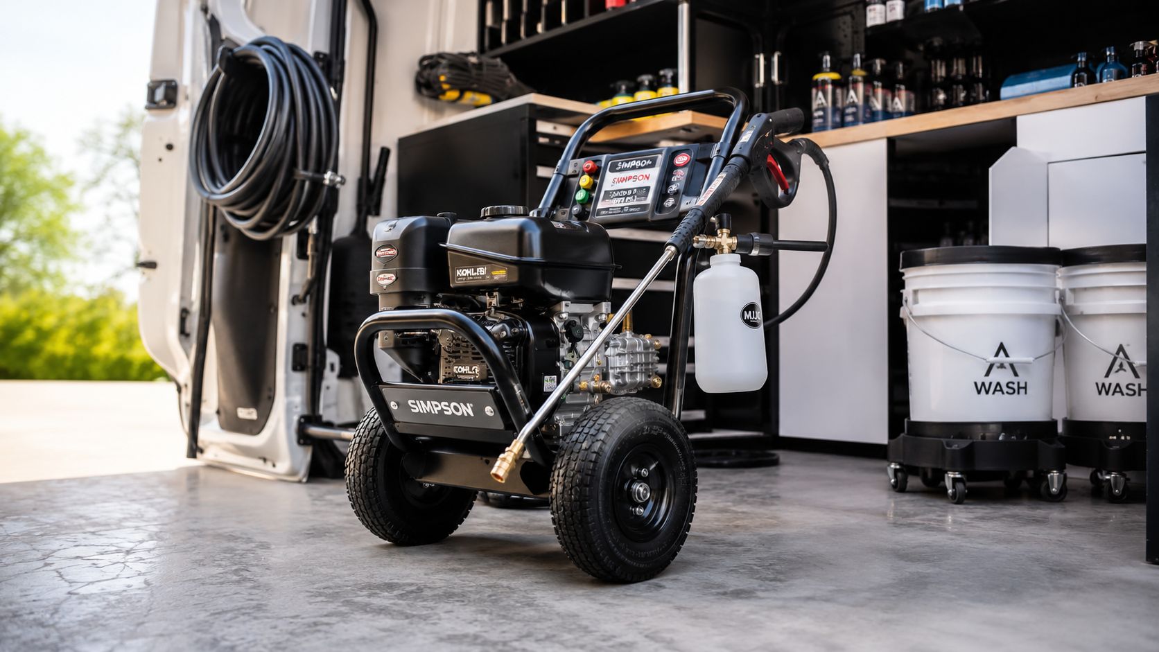 A professional Simpson pressure washer sitting on a concrete floor inside a mobile car detailing work van.
