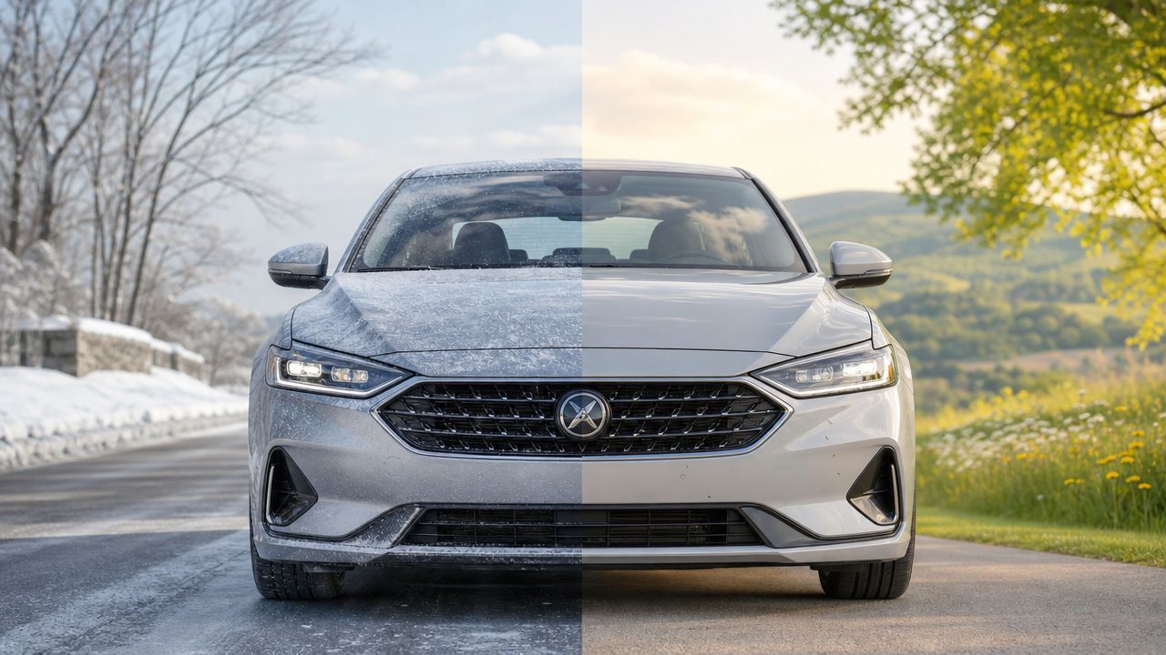 A split-screen view of a car, showing the benefits of ceramic coating during winter and summer.