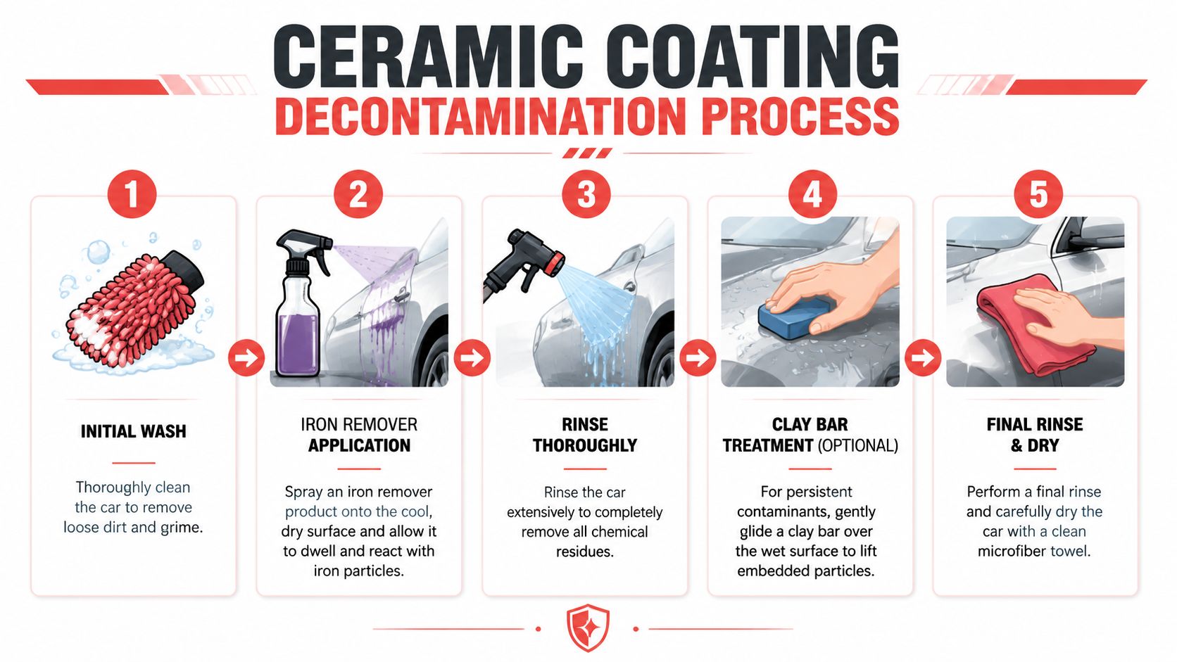 A five-step infographic guide detailing the vehicle decontamination process before applying a ceramic coating.