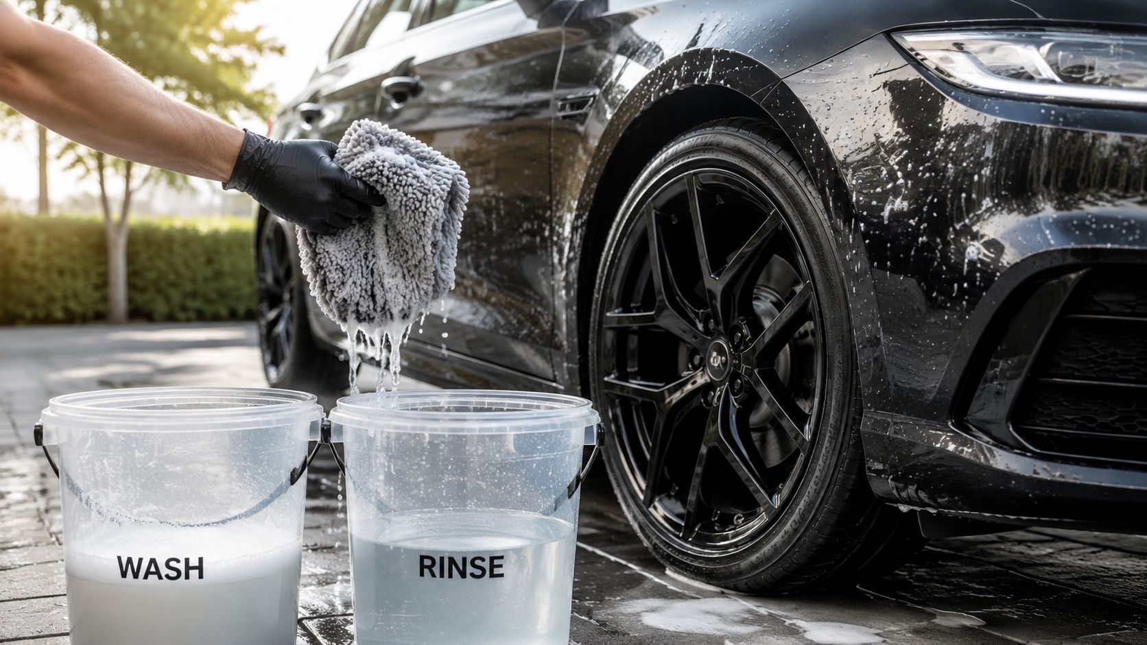 A person washing a black car using the two-bucket method to ensure proper ceramic coating maintenance.