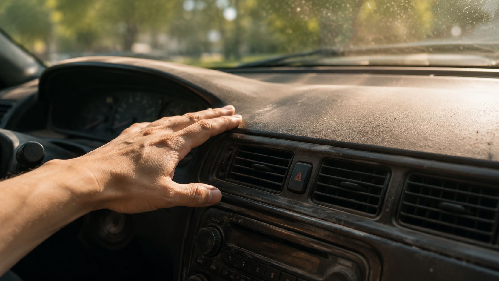 A driver's hand reaching out to touch the dusty dashboard of a car interior during a sunny day.