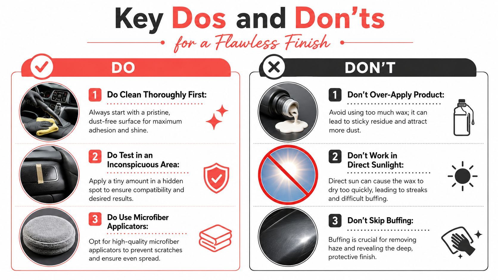 An infographic detailing car detailing tips including dos and don'ts for achieving a perfect car interior finish.