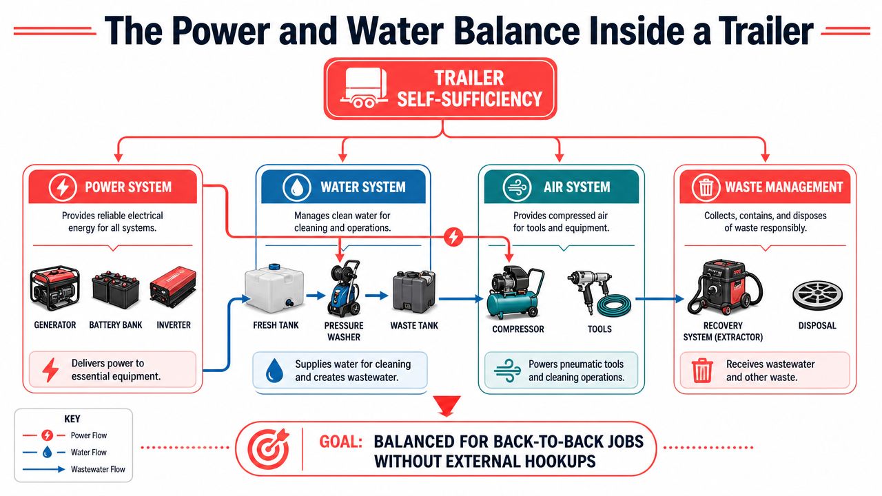 A flow chart illustrating the power, water, air, and waste management systems of a mobile detailing trailer.