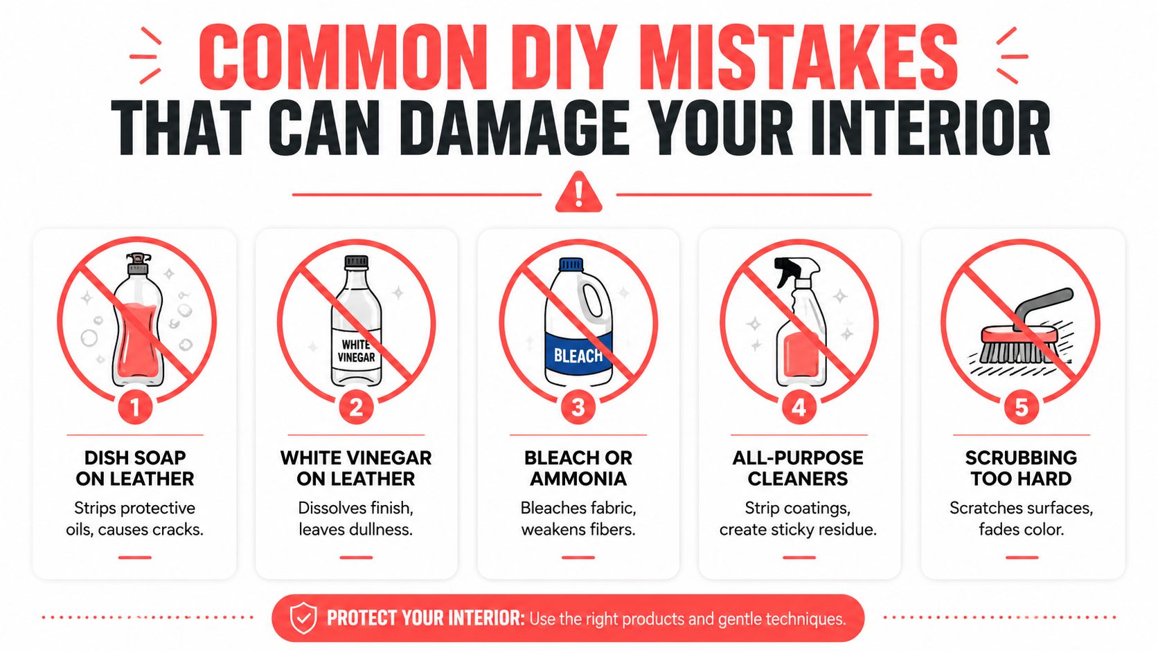 An infographic illustrating five common DIY cleaning mistakes that can damage your car interior surfaces.