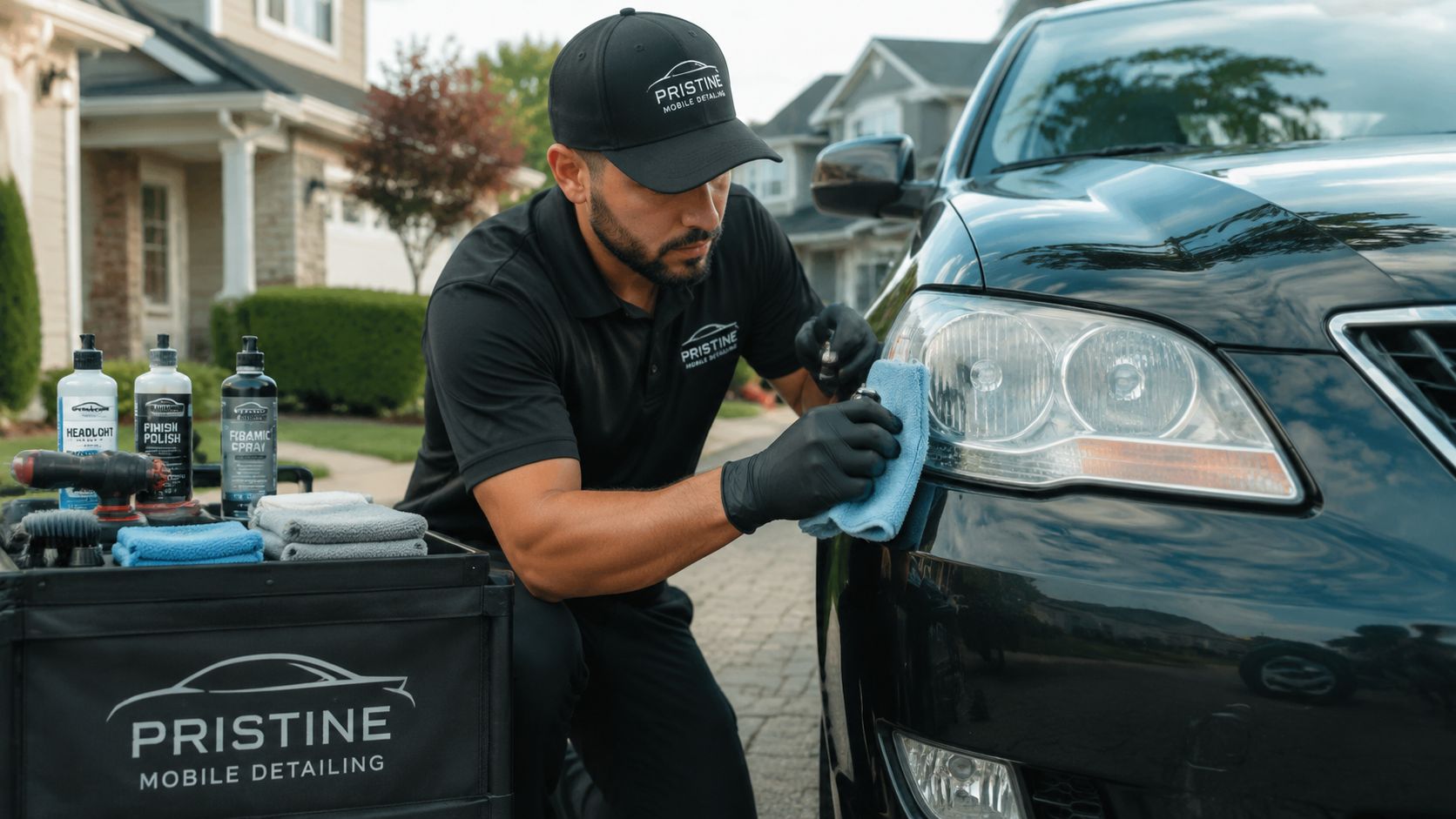 A professional mobile detailer cleaning and restoring a car headlight lens on a sunny driveway.