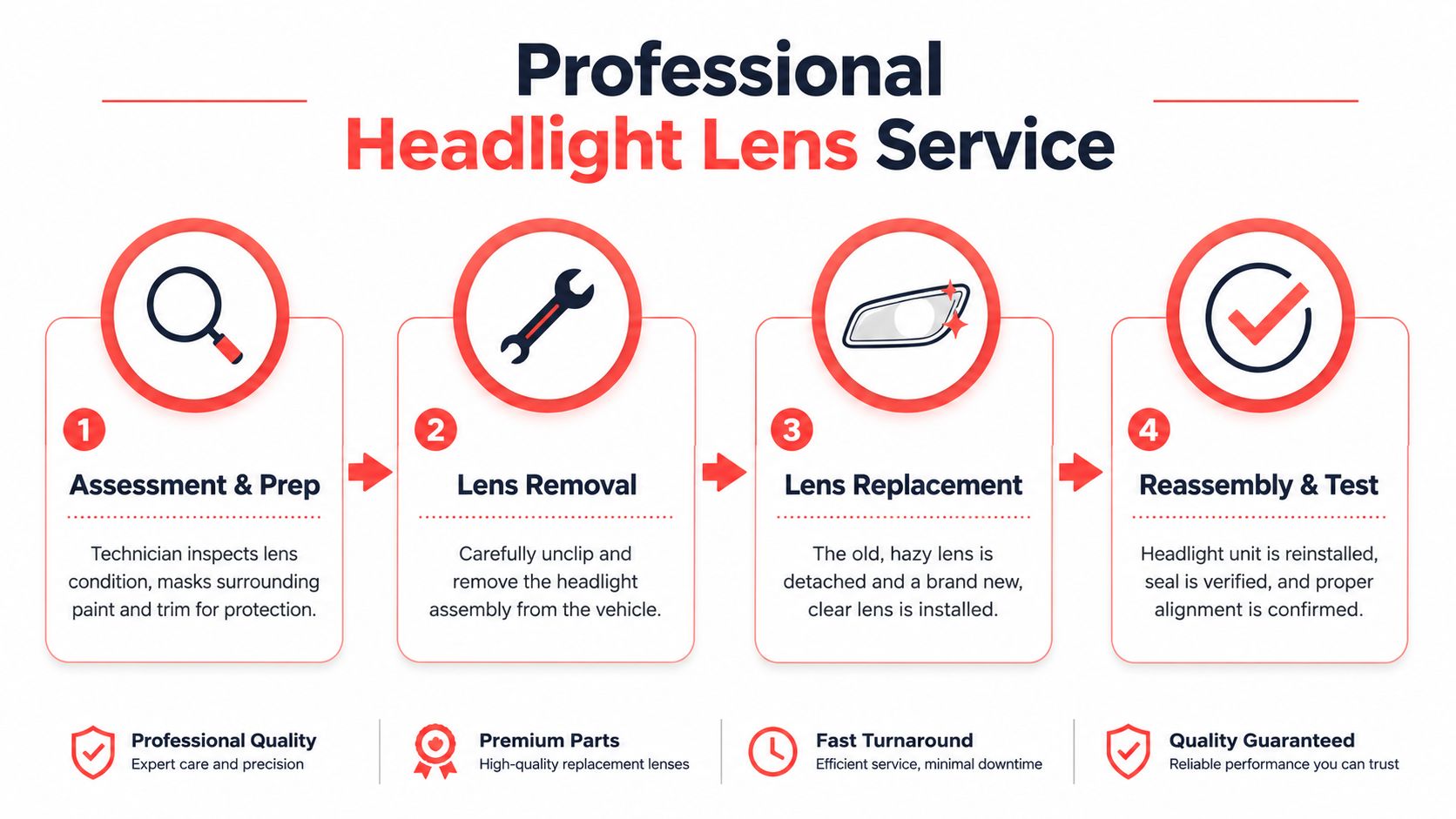 A four-step infographic illustrating the professional headlight lens replacement service process from assessment to final testing.