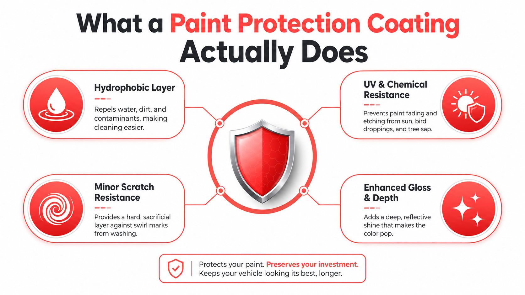 An infographic showing the four primary benefits of paint protection coating on a vehicle's exterior finish.