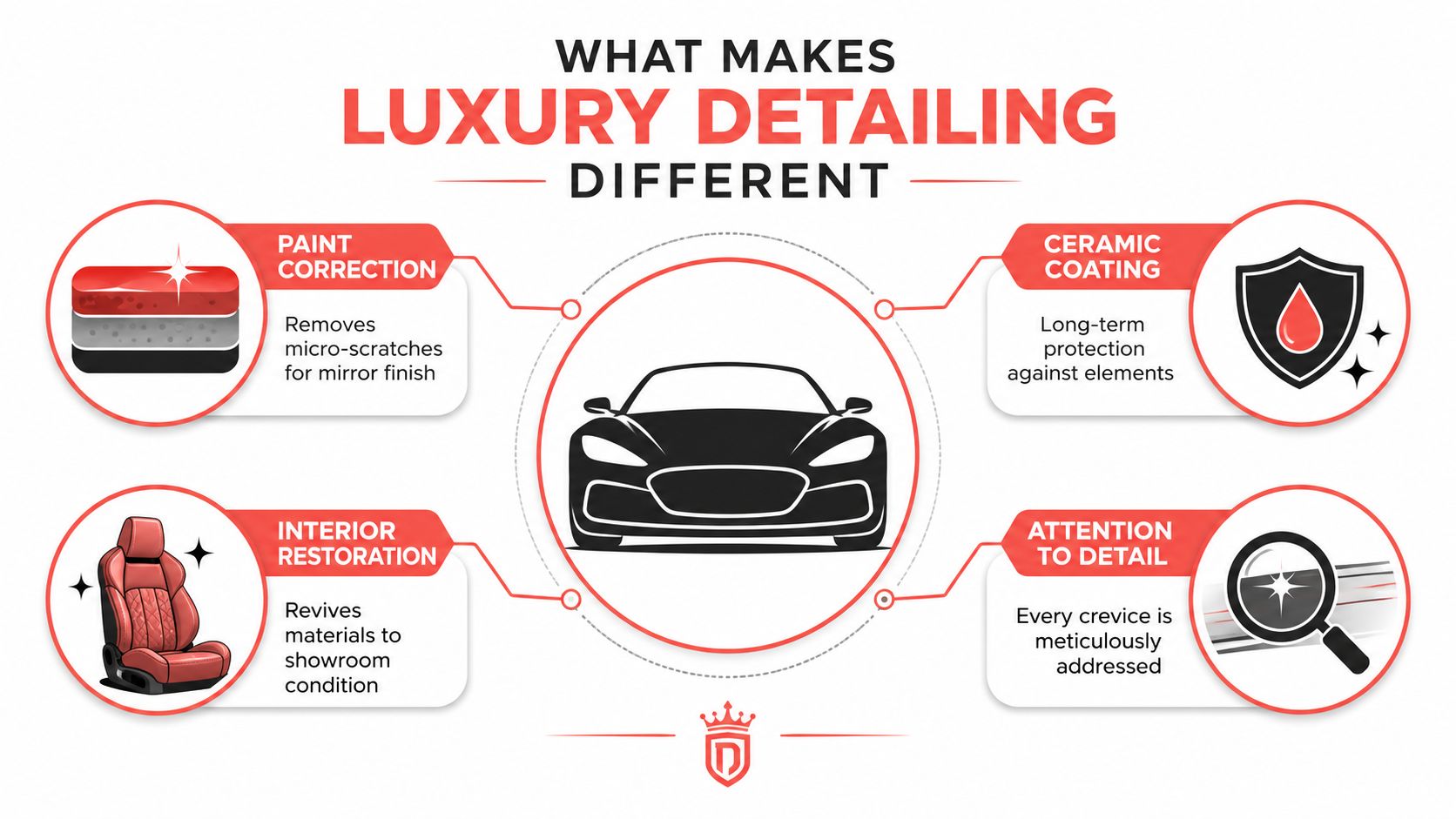 An infographic detailing the four key processes that define luxury car detailing and restoration services.