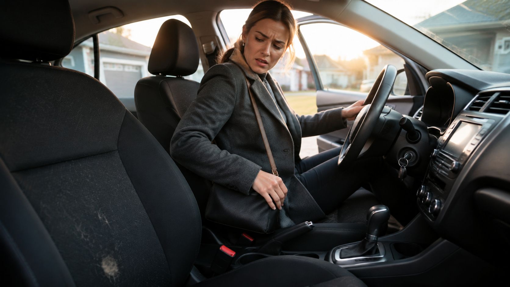 A concerned woman sitting in a car, looking at pet hair stains on the upholstery.