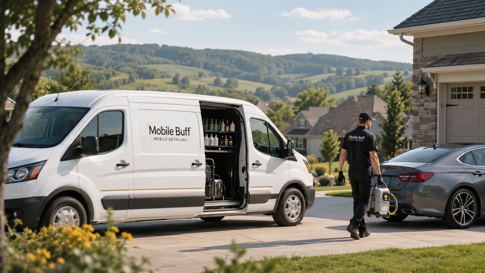 A Mobile Buff technician carrying detailing equipment towards a car parked in a suburban home driveway.