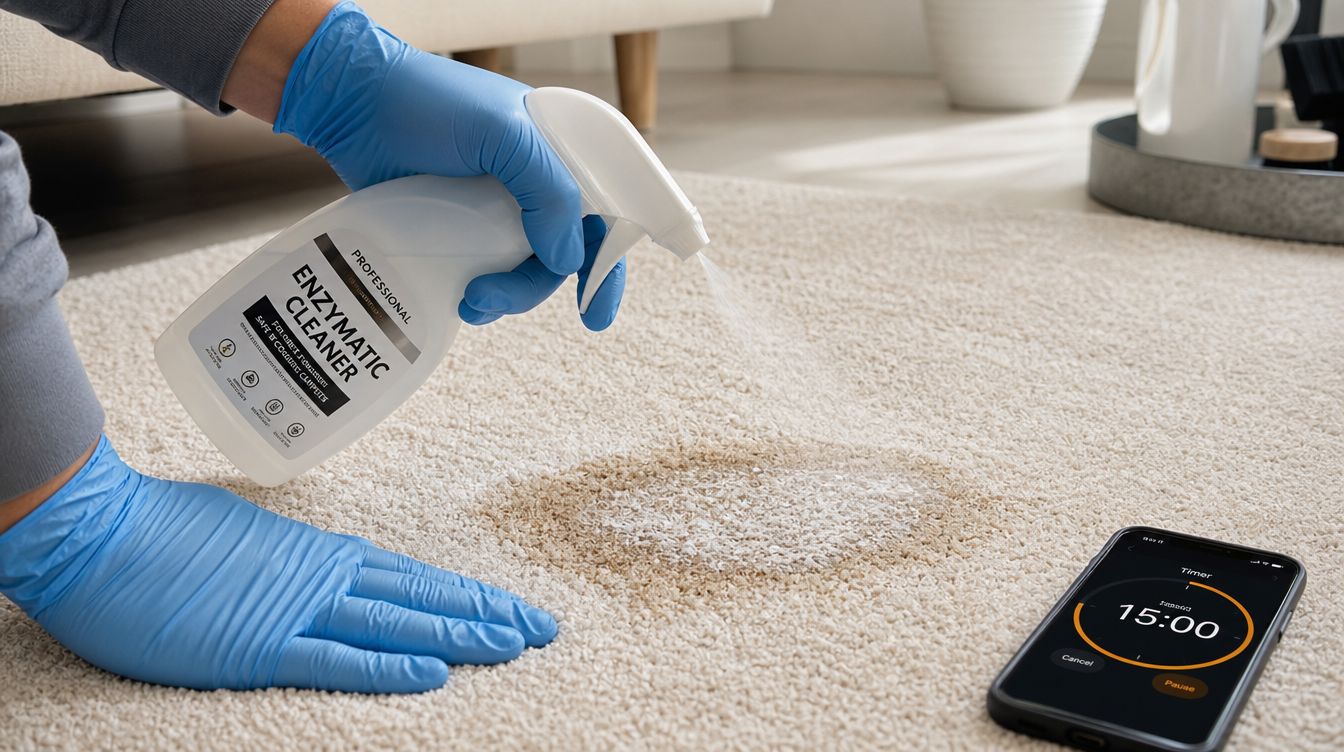 A person wearing blue gloves sprays an enzymatic cleaner on a stained carpet to remove odors.