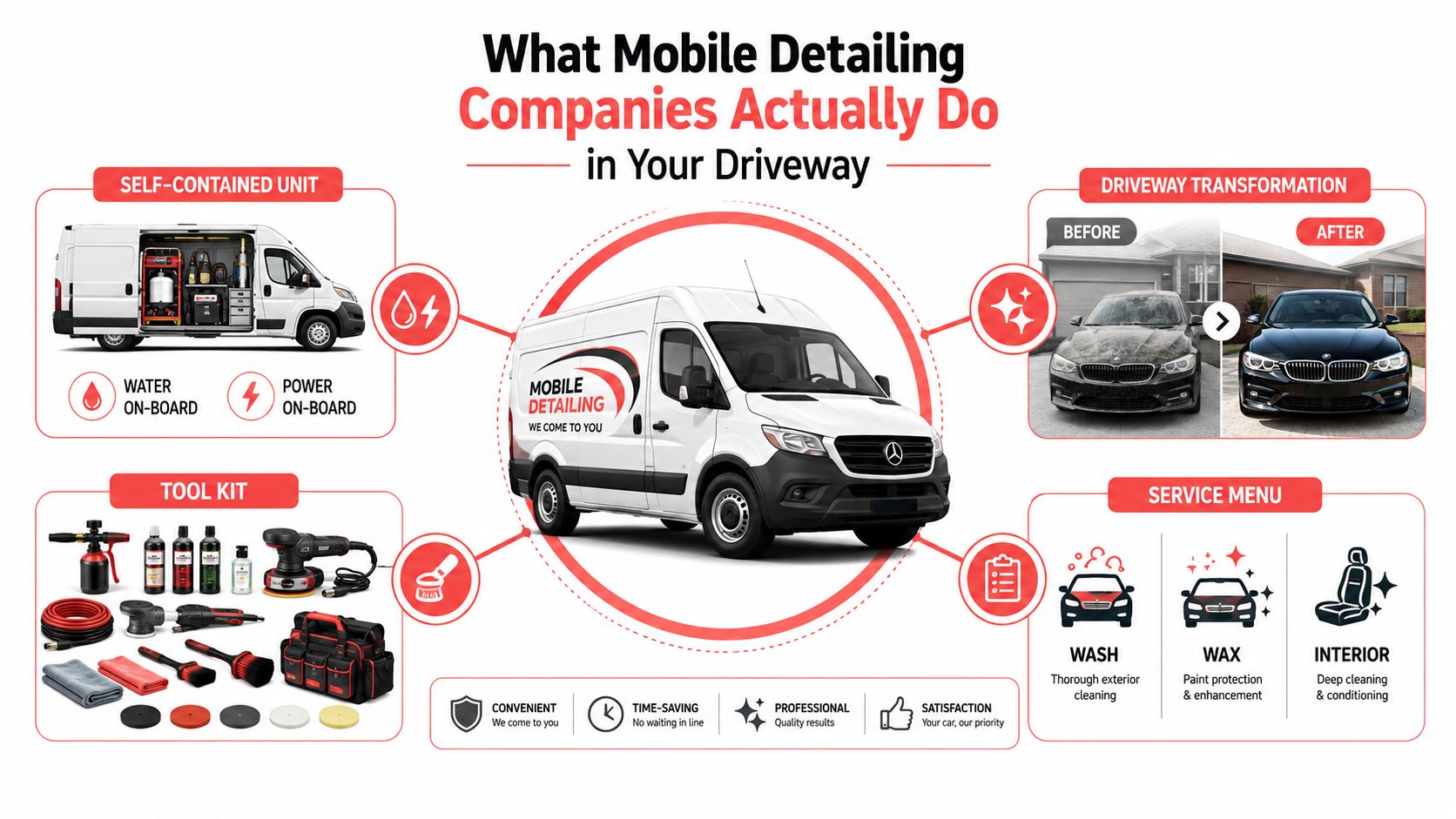An infographic explaining the services and equipment used by professional mobile detailing companies in a residential driveway.