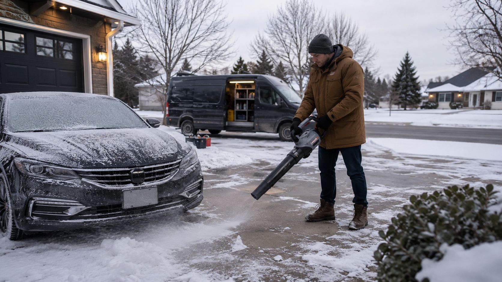 A professional car detailer using a leaf blower to remove snow from a vehicle in winter