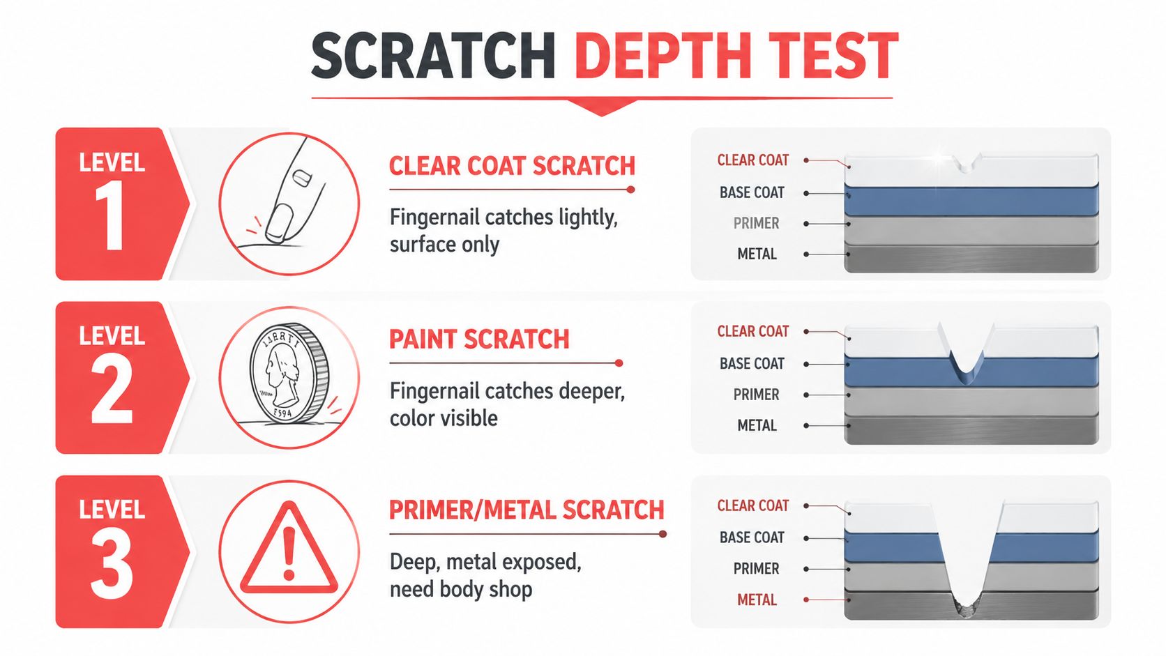 A scratch depth test chart showing three levels of car paint damage with descriptions and visual diagrams.