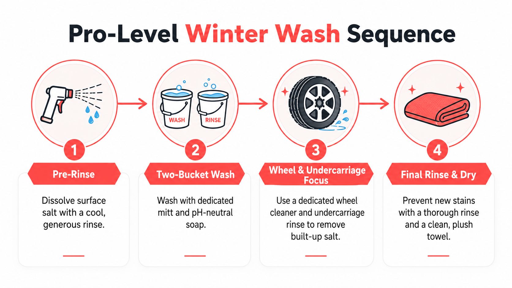 A four-step infographic illustrating a professional method for removing winter salt from a vehicle exterior.