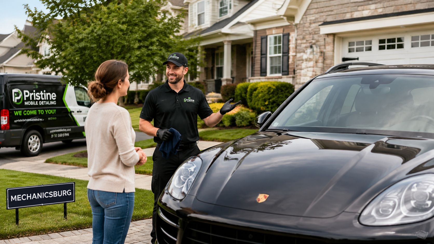 A professional car detailer in a branded uniform discussing service details with a customer near a car.