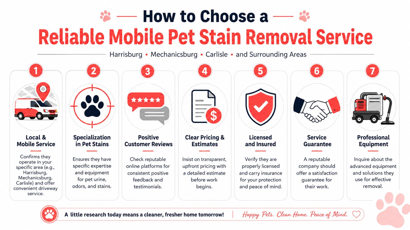 An infographic detailing seven essential steps for choosing a reliable mobile pet stain removal service provider.