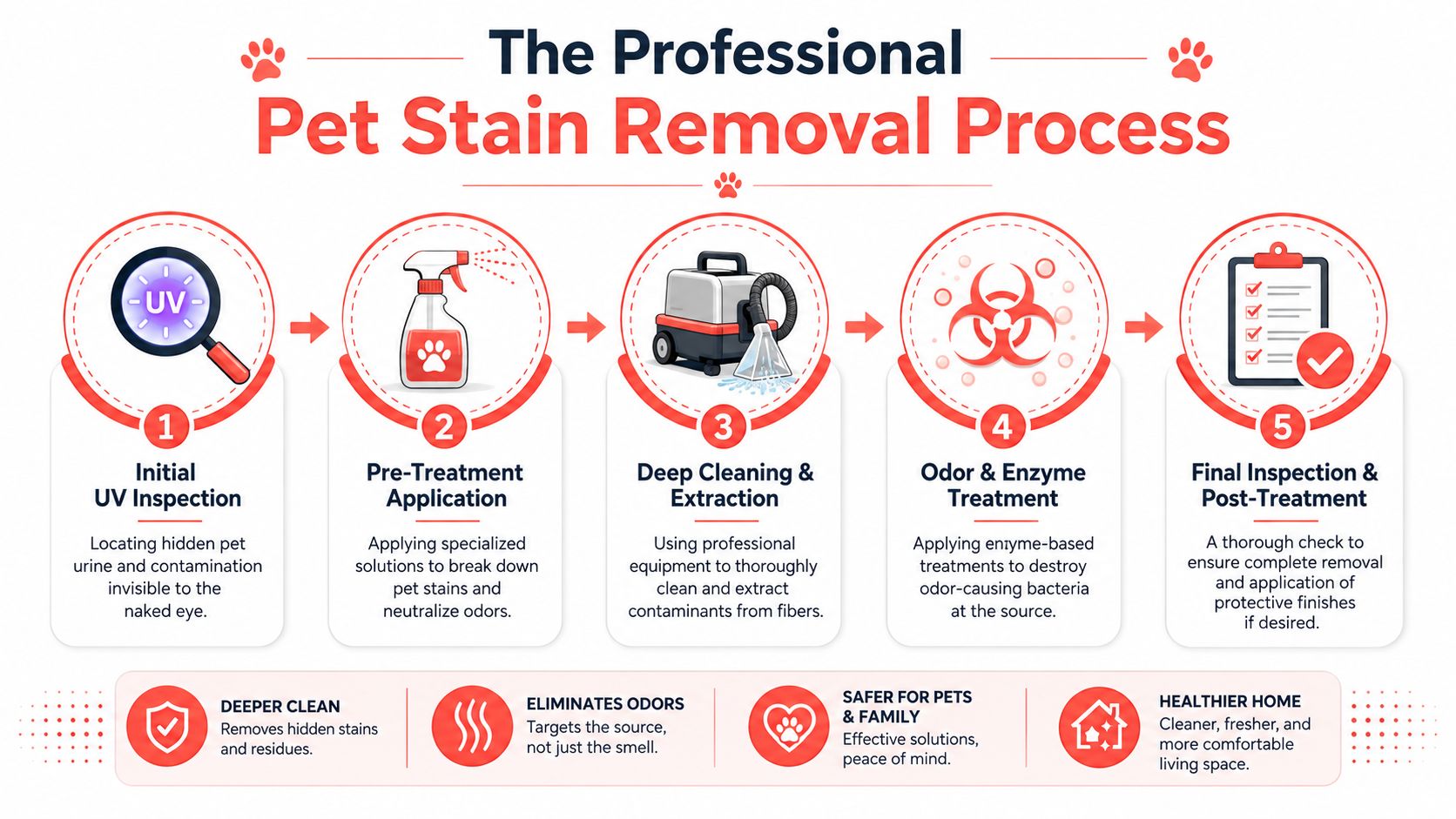 A professional five-step process infographic illustrating how pet stains and odors are removed from carpeted surfaces.