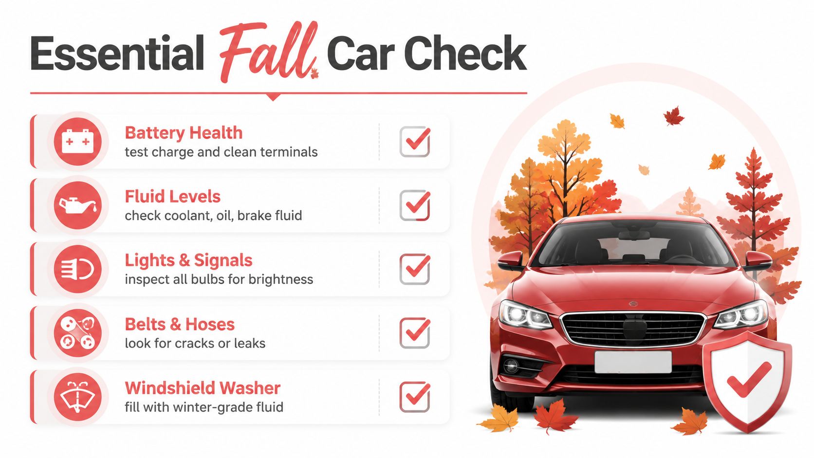 A checklist graphic titled Essential Fall Car Check featuring five maintenance tasks and a red car.