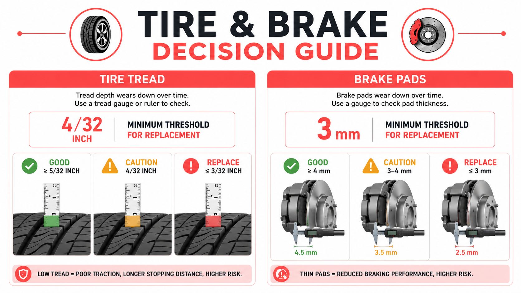 A safety infographic illustrating the minimum replacement thresholds for vehicle tire tread depth and brake pad thickness.
