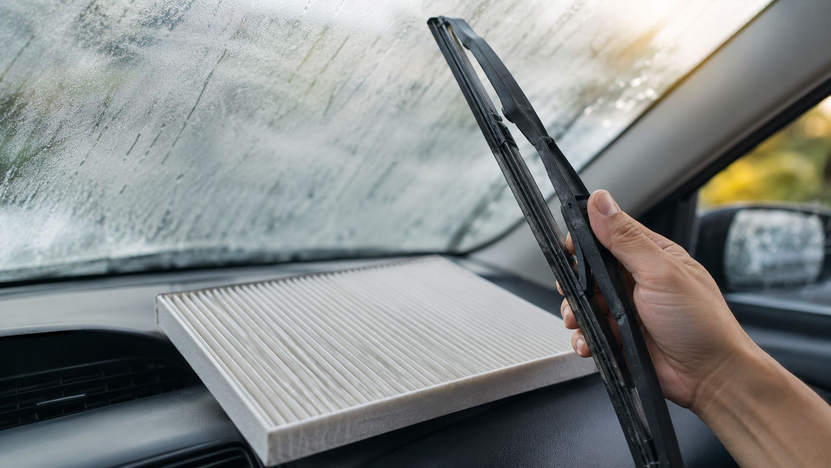 A person holding a car windshield wiper blade while a new cabin air filter rests on the dashboard.