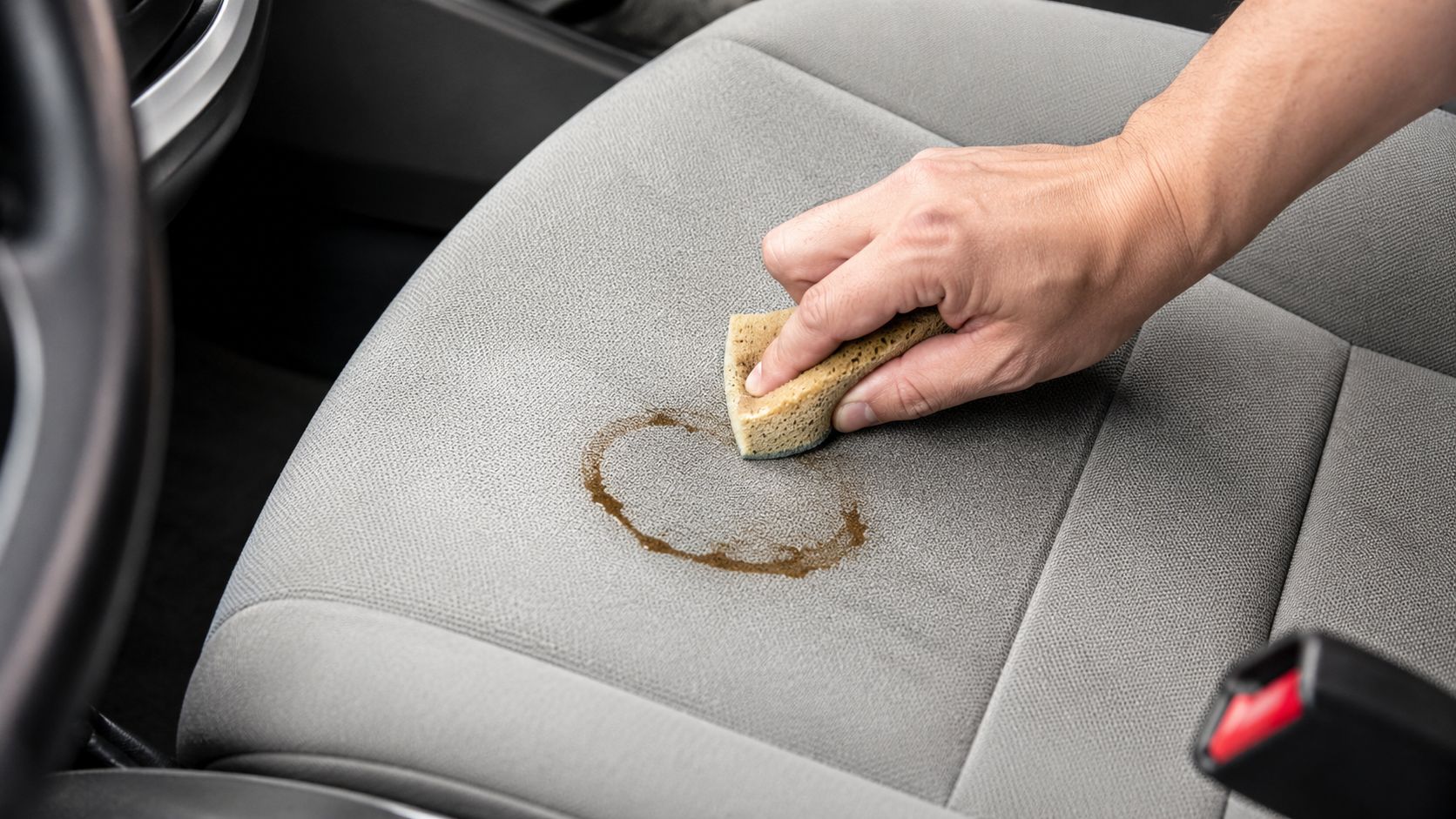 A person using a cleaning sponge to remove a circular brown liquid stain from a car seat.