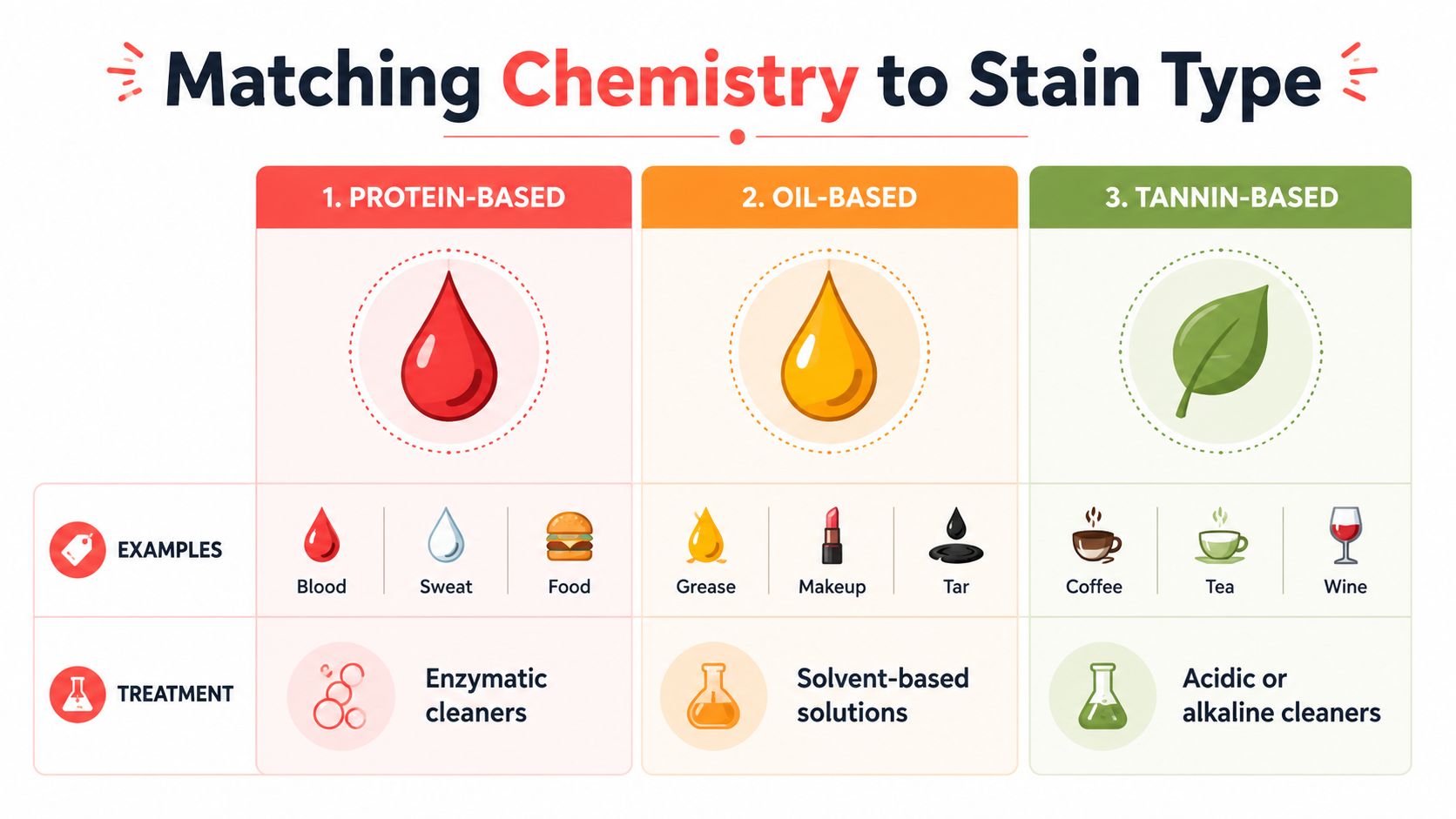 A chart showing chemistry techniques to remove protein, oil, and tannin stains from upholstery and fabrics.