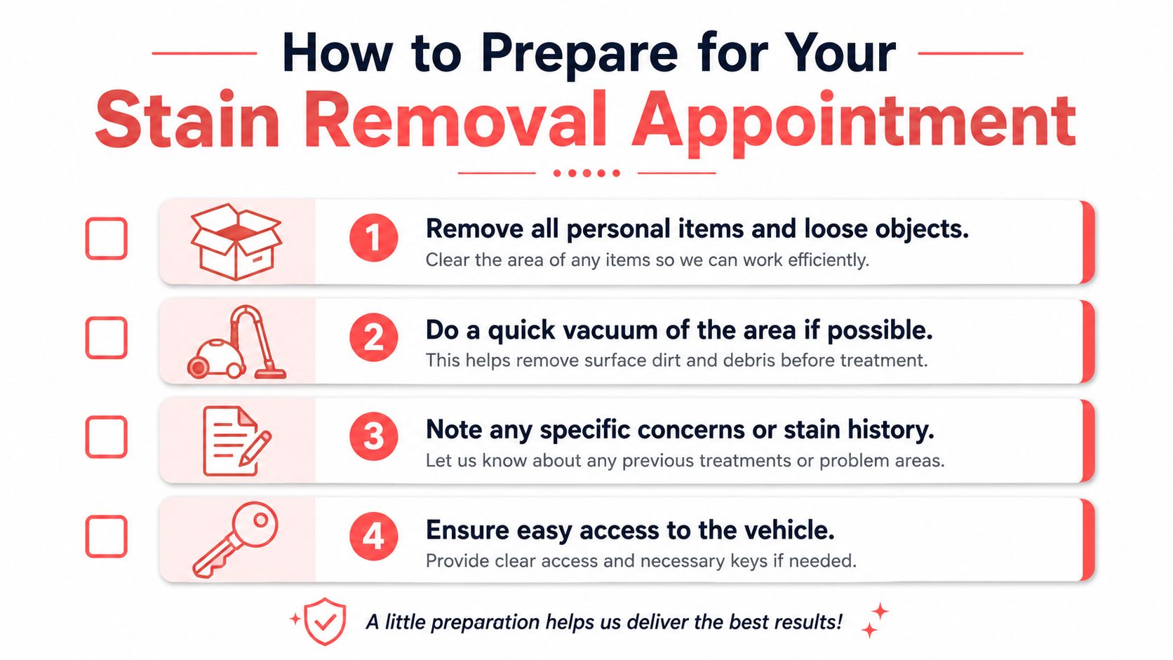 A checklist infographic titled How to Prepare for Your Stain Removal Appointment with four numbered preparation steps.