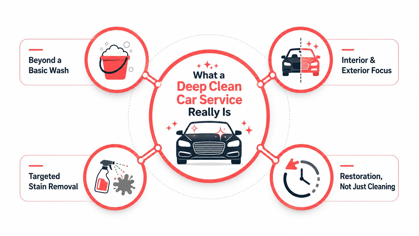 An infographic titled What a Deep Clean Car Service Really Is with four key service features.