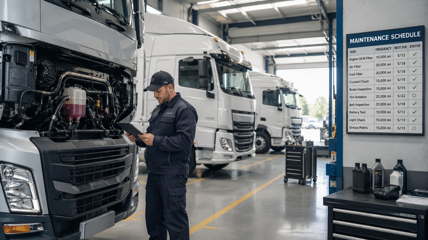 A professional truck mechanic reviewing maintenance records on a tablet inside a busy commercial vehicle repair shop.