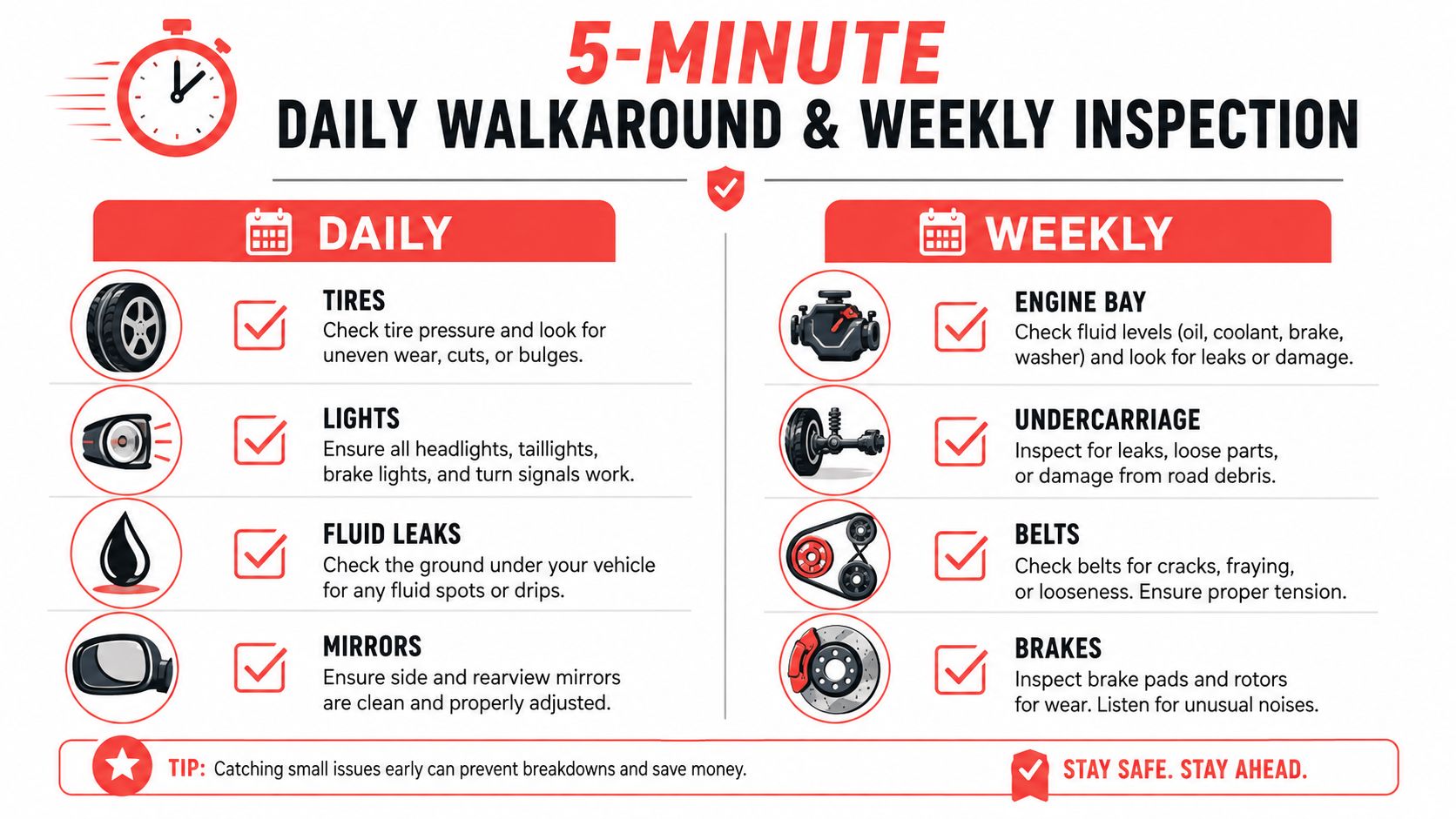 An infographic titled 5-minute daily walkaround and weekly inspection outlining essential vehicle maintenance tasks for road safety.