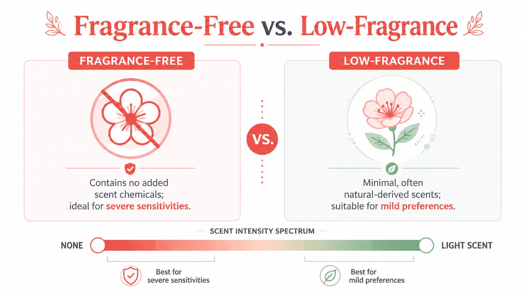 A comparison chart explaining the difference between fragrance-free and low-fragrance options for skin care products.