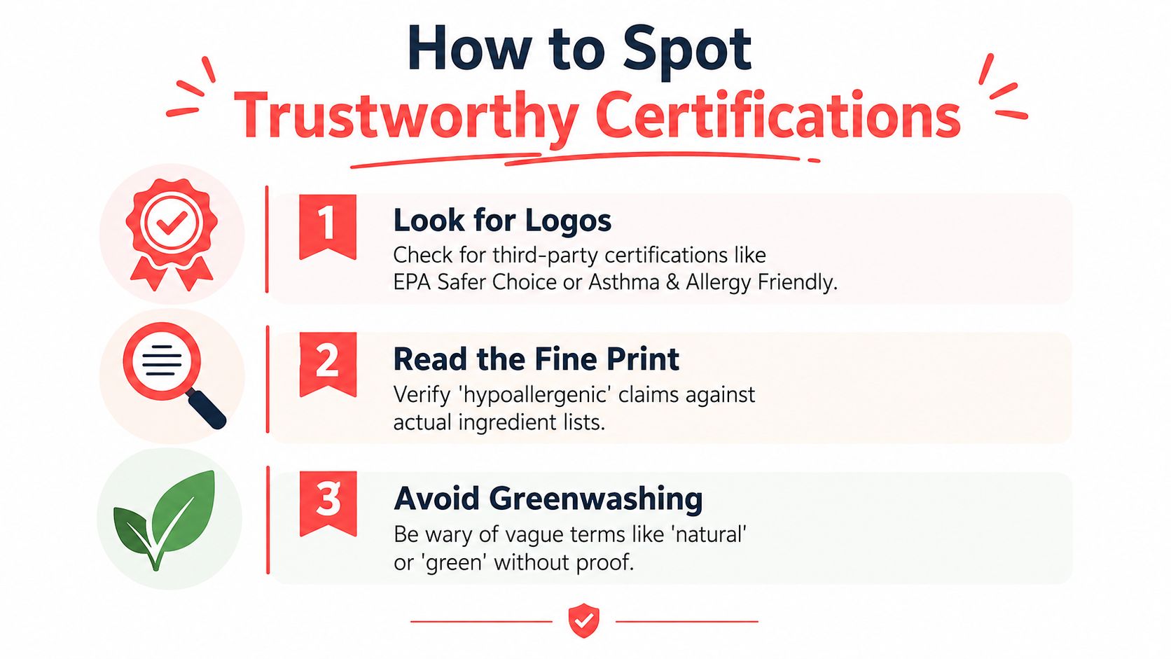 An infographic titled How to Spot Trustworthy Certifications with three tips for identifying valid product labels.