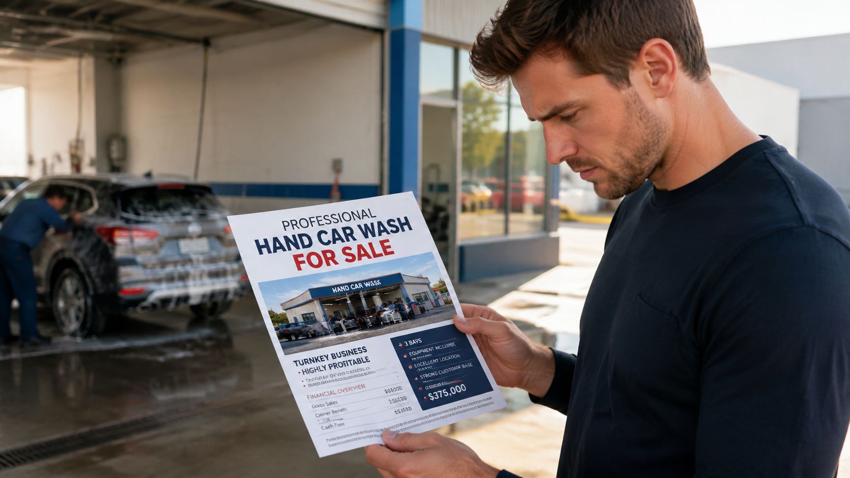 A man in a black shirt holds a flyer advertising a professional hand car wash for sale.