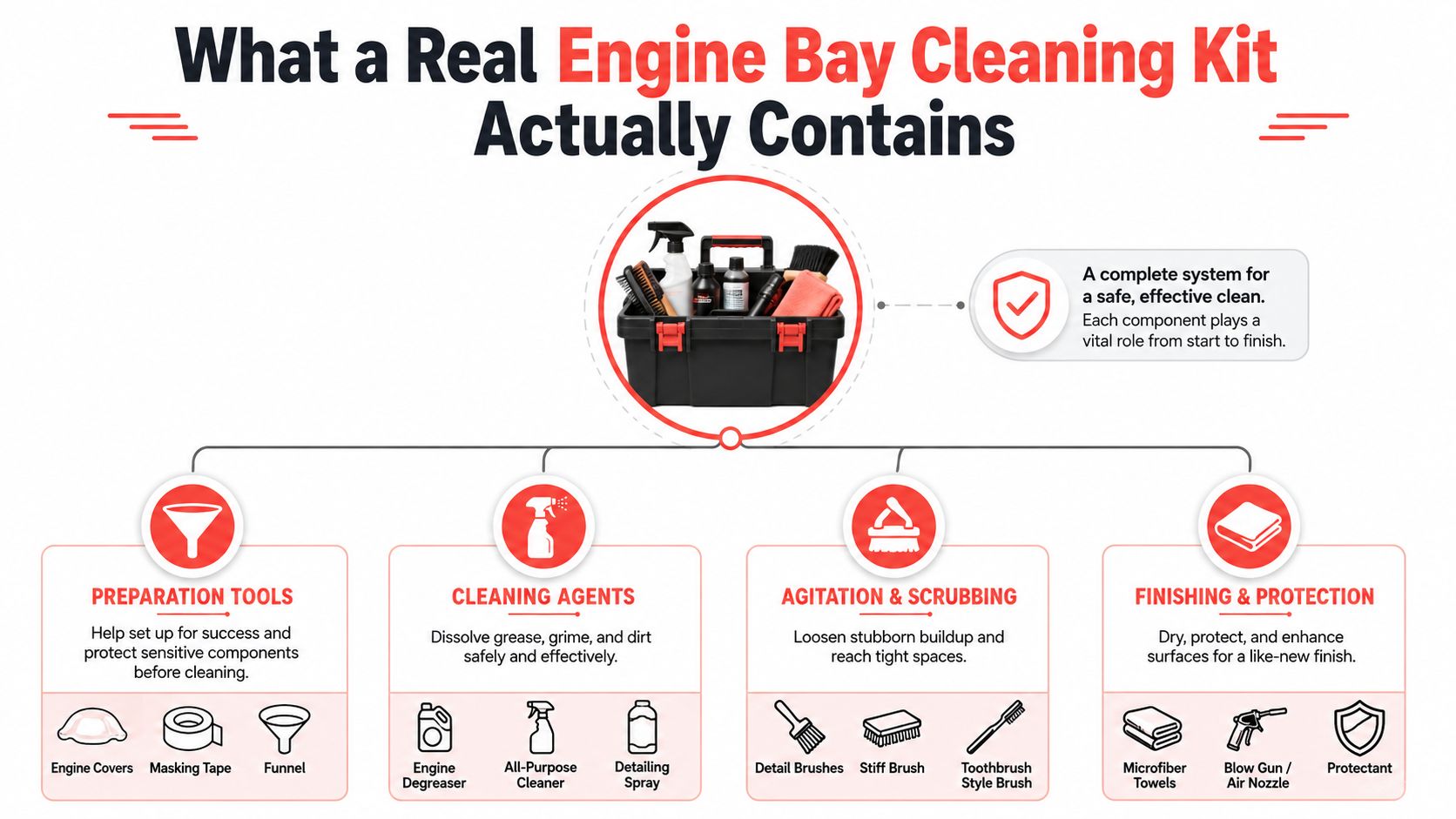 A visual guide outlining the essential tools and products included in a complete engine bay cleaning kit.