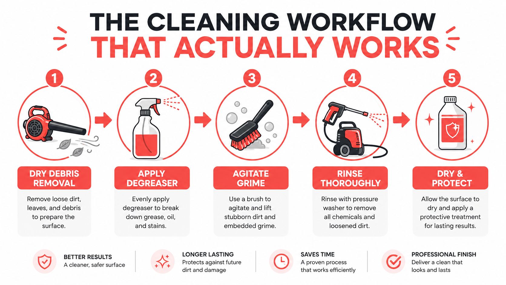 A five-step infographic showing a professional engine bay cleaning workflow using tools, degreasers, and protective treatments.