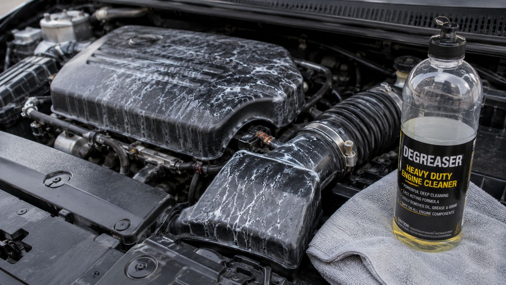A car engine bay covered in cleaning solution next to a bottle of heavy duty engine degreaser.