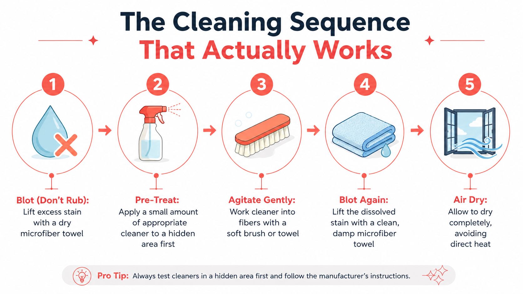 A five-step infographic showing how to clean a stain from fabric using blotting, pre-treating, and brushing techniques.
