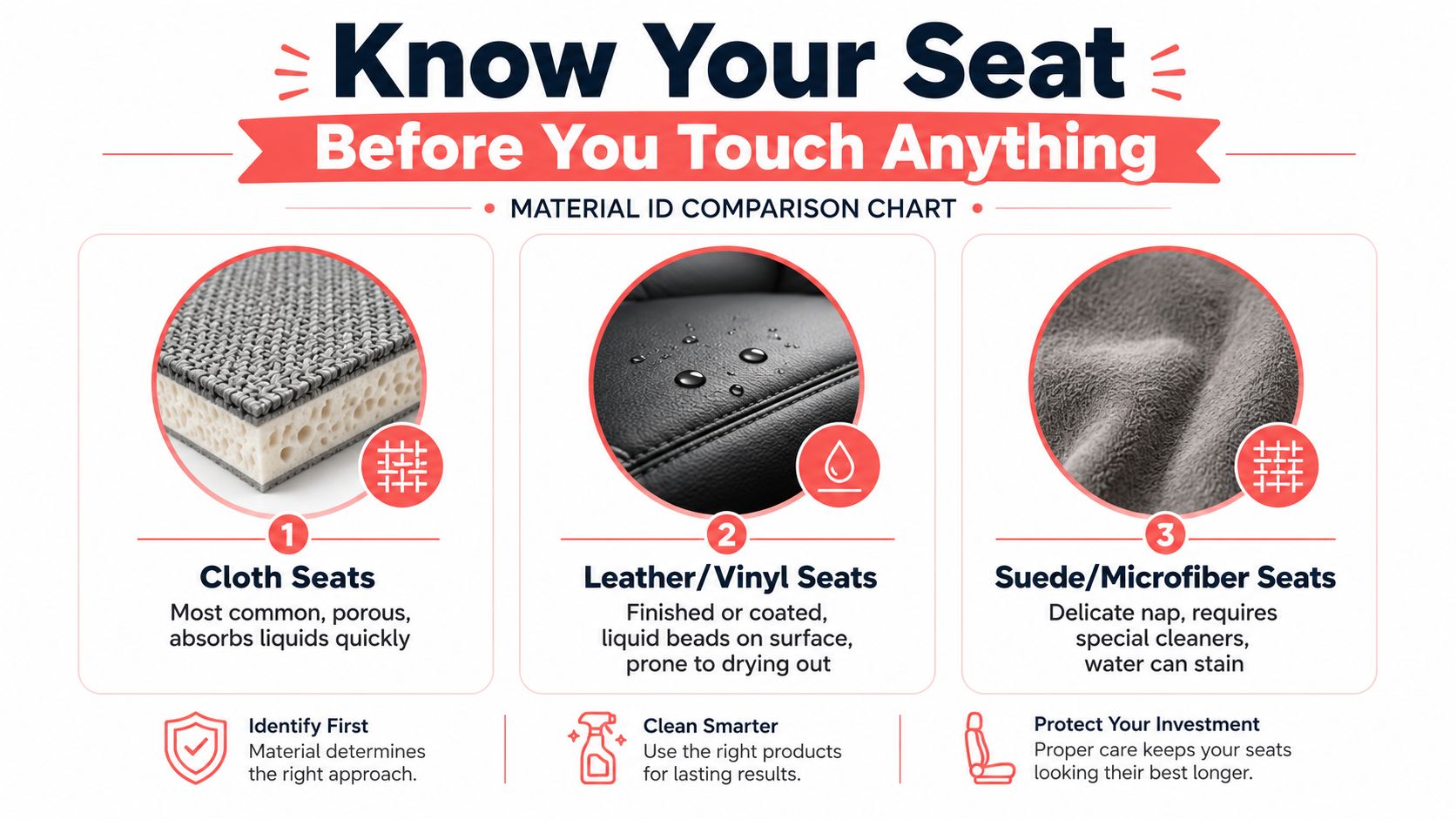 An infographic showing a Material ID Comparison Chart for cleaning cloth, leather, vinyl, and suede car seats.