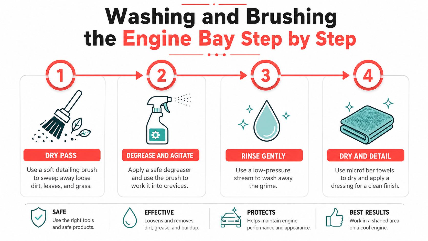A four-step infographic illustrating the process of cleaning an engine bay using a brush and degreaser.