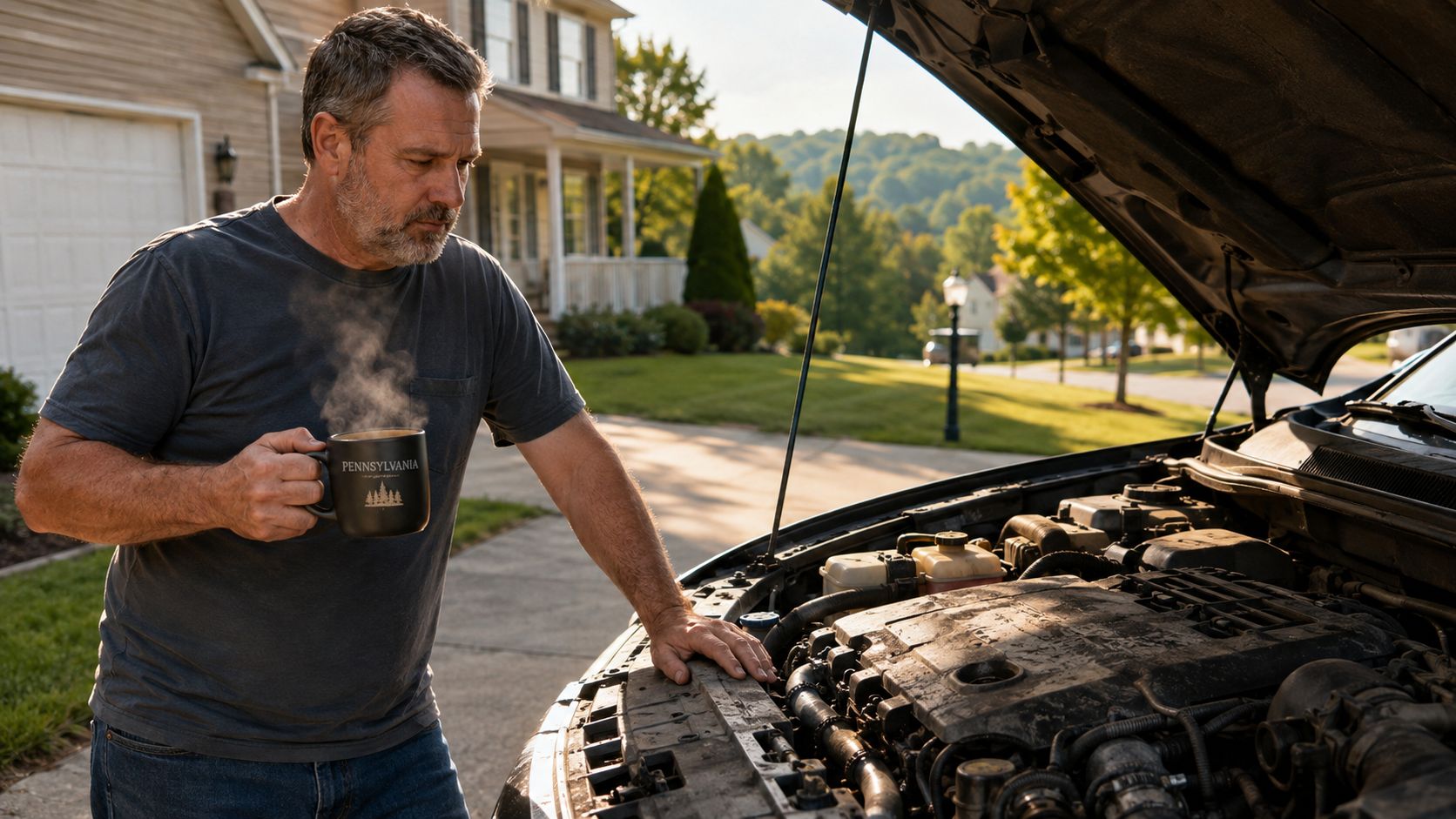 A man drinking coffee while looking at the open engine bay of his car in a driveway.