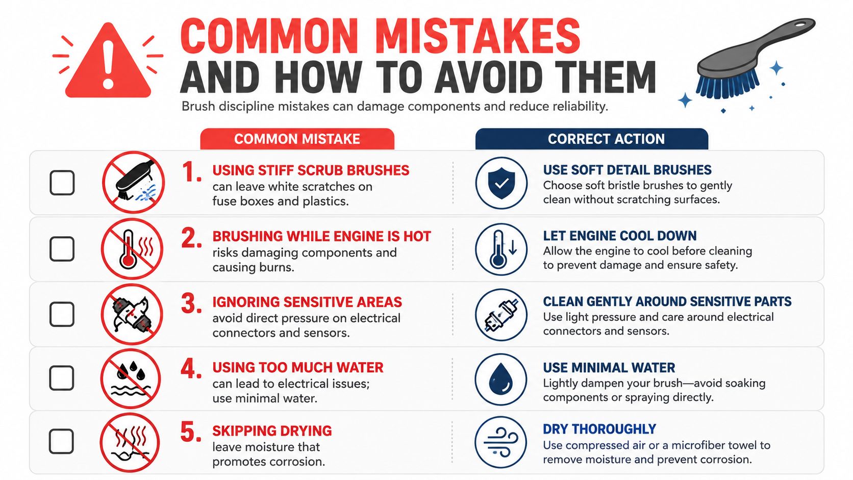 An infographic detailing five common engine bay cleaning mistakes and the corresponding correct actions for maintenance.