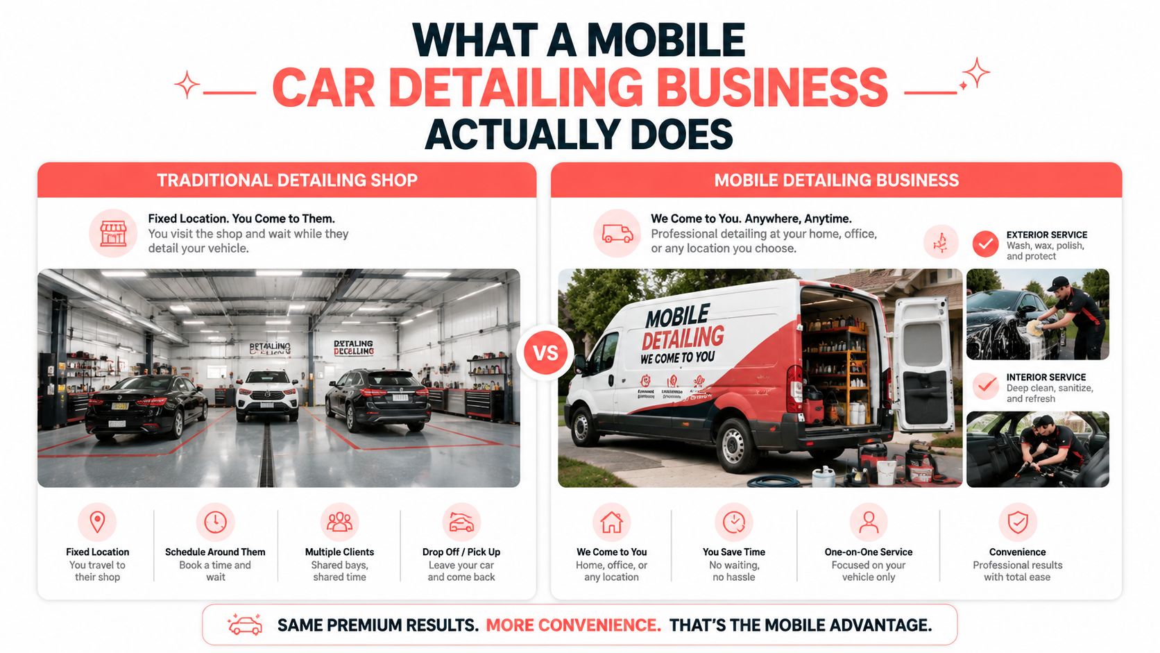 A comparison infographic showing the differences between a traditional car detailing shop and a mobile detailing business service.
