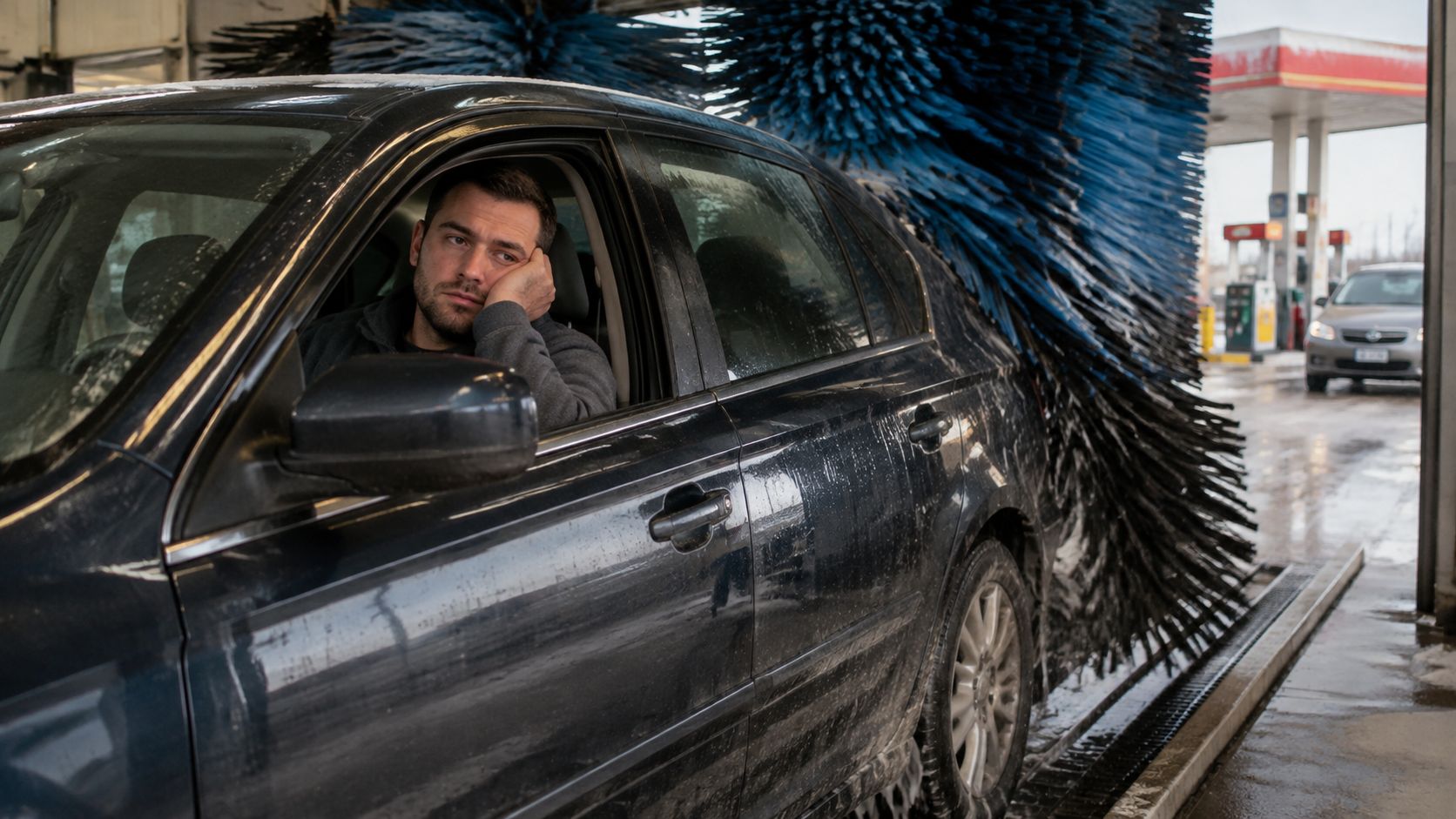A bored man sitting inside his dirty car while it goes through an automatic car wash station.