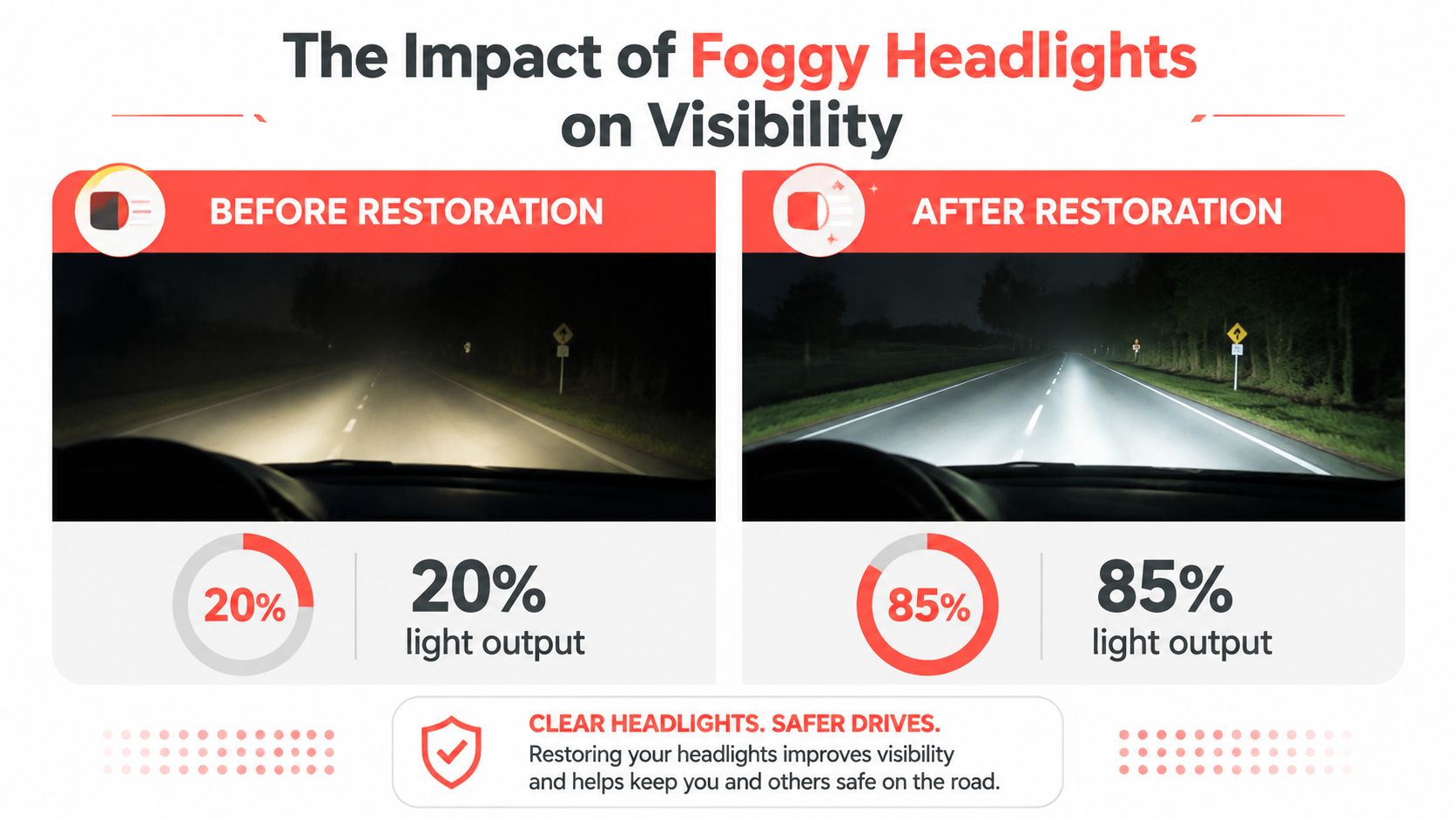 A comparison showing how headlight restoration improves night driving visibility by significantly increasing light output.