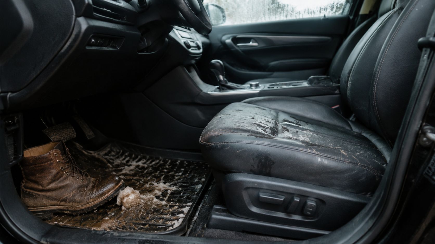 A dirty car interior featuring a muddy brown leather boot resting on a slushy rubber floor mat.