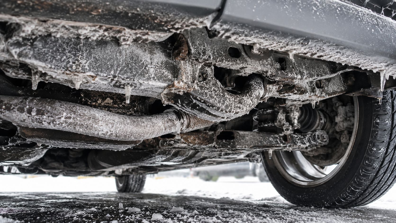 A close-up view of the undercarriage of a car covered in ice and road salt in winter.