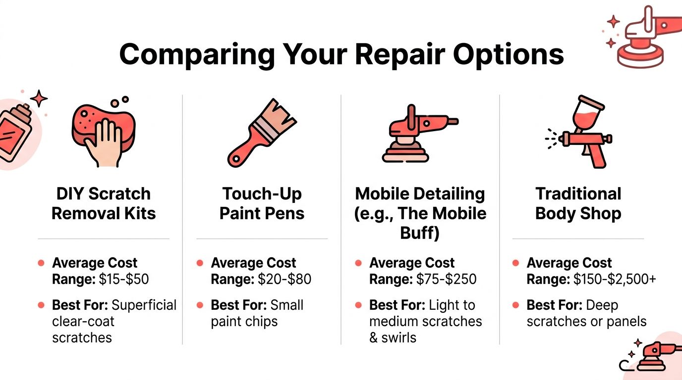 A comparison chart showing the average cost and best use cases for four different car scratch repair methods.