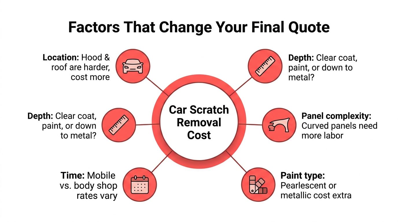 A diagram explaining factors that affect the final price for professional car scratch removal services.